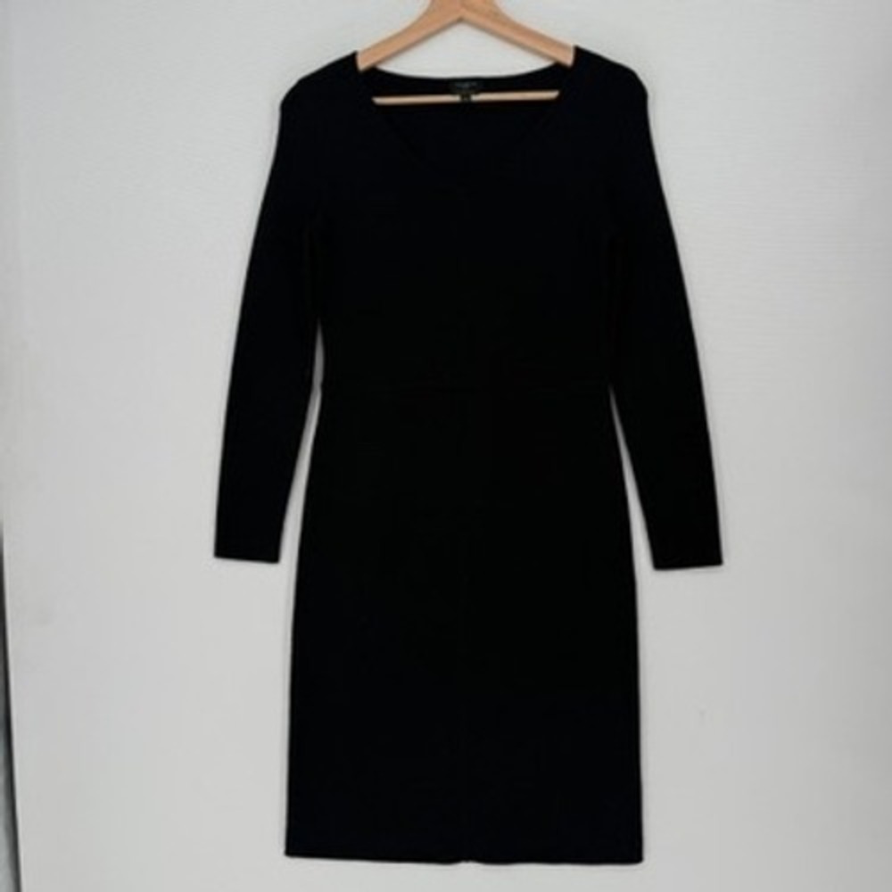 Talbots Sweater Dress Womens P Black Merino Wool V-Neck Long Sleeve Quiet Luxury